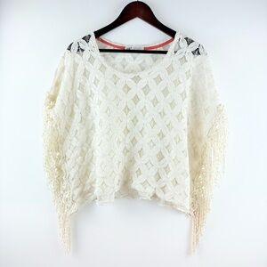 Jolt Ivory Fringe Lace Floral Poncho Shirt Blouse Boho Festival Chic Cottage XL